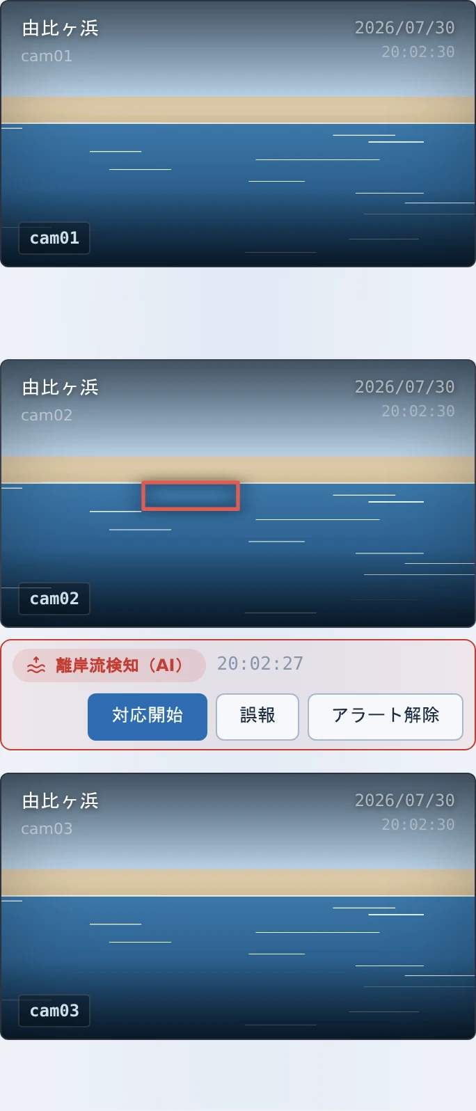 携帯の管理画面のカメラ映像。アラートが出ているカメラの下に離岸流の通知と対応開始・誤報・アラート解除のボタンが表示されている