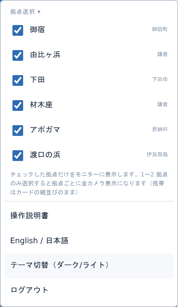 三本線メニューを開いたところ。拠点選択のチェック欄、操作説明書、言語切替、テーマ切替、ログアウトが並ぶ