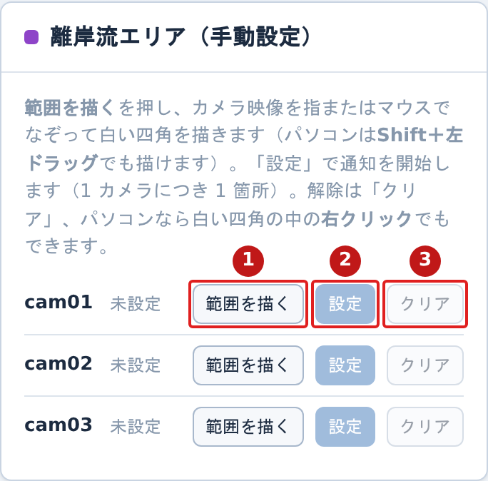 携帯の離岸流エリアのパネル。範囲を描く・設定・クリアのボタンが番号つきで示されている