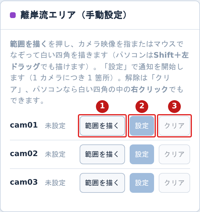 タブレットの離岸流エリアのパネル。範囲を描く・設定・クリアのボタンが番号つきで示されている